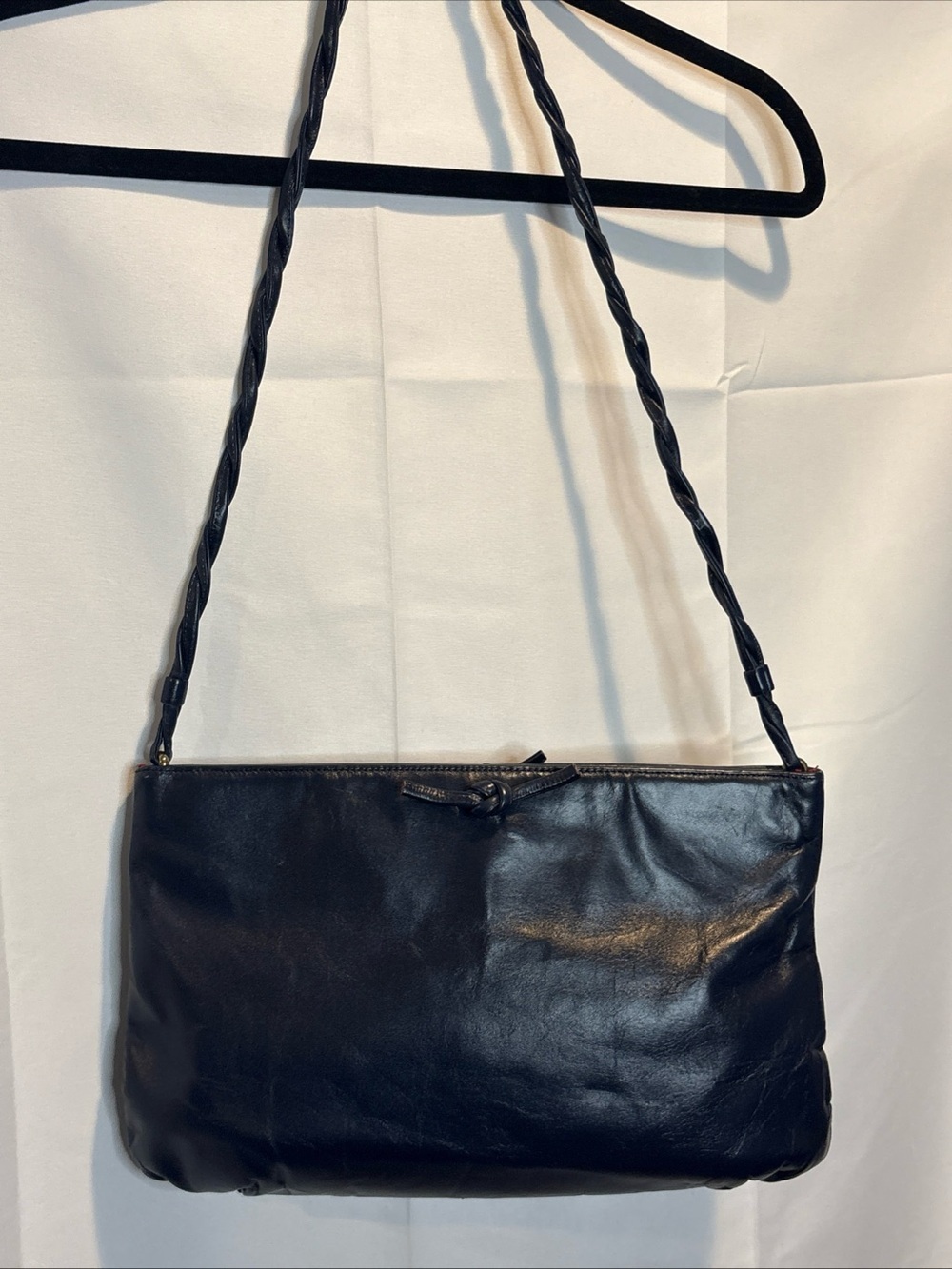 VINTAGE Ruth Saltz Navy Blue Leather Shoulder Bag with Twisted Strap